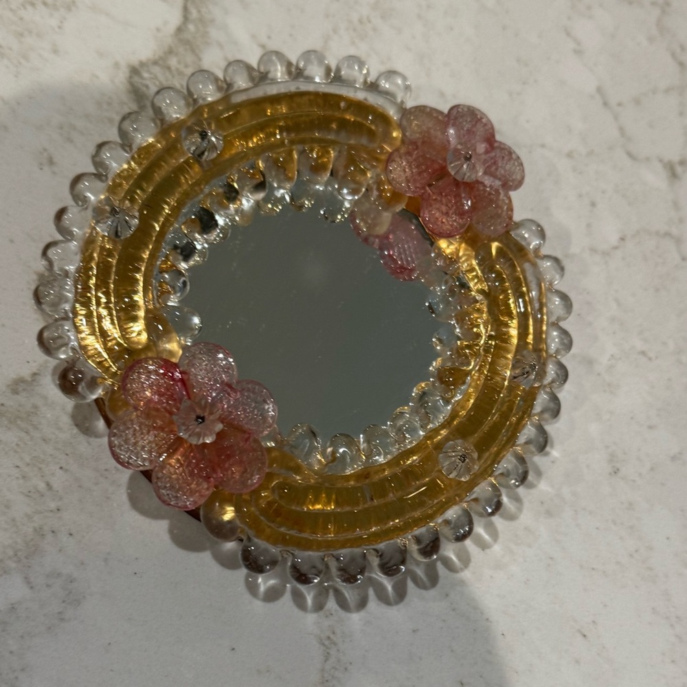 Vintage 1960s Murano glass pink flower tiny small wall Mirror made in Italy,